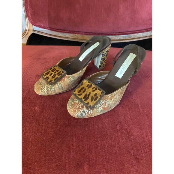 1990s leopard and floral slingback chunky heels olivia rose tal suede pony 6 - Picture 1 of 10